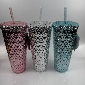 Holiday Time Textured Tumbler Set 3pk 26oz Pink Silver Blue Metallic Studded